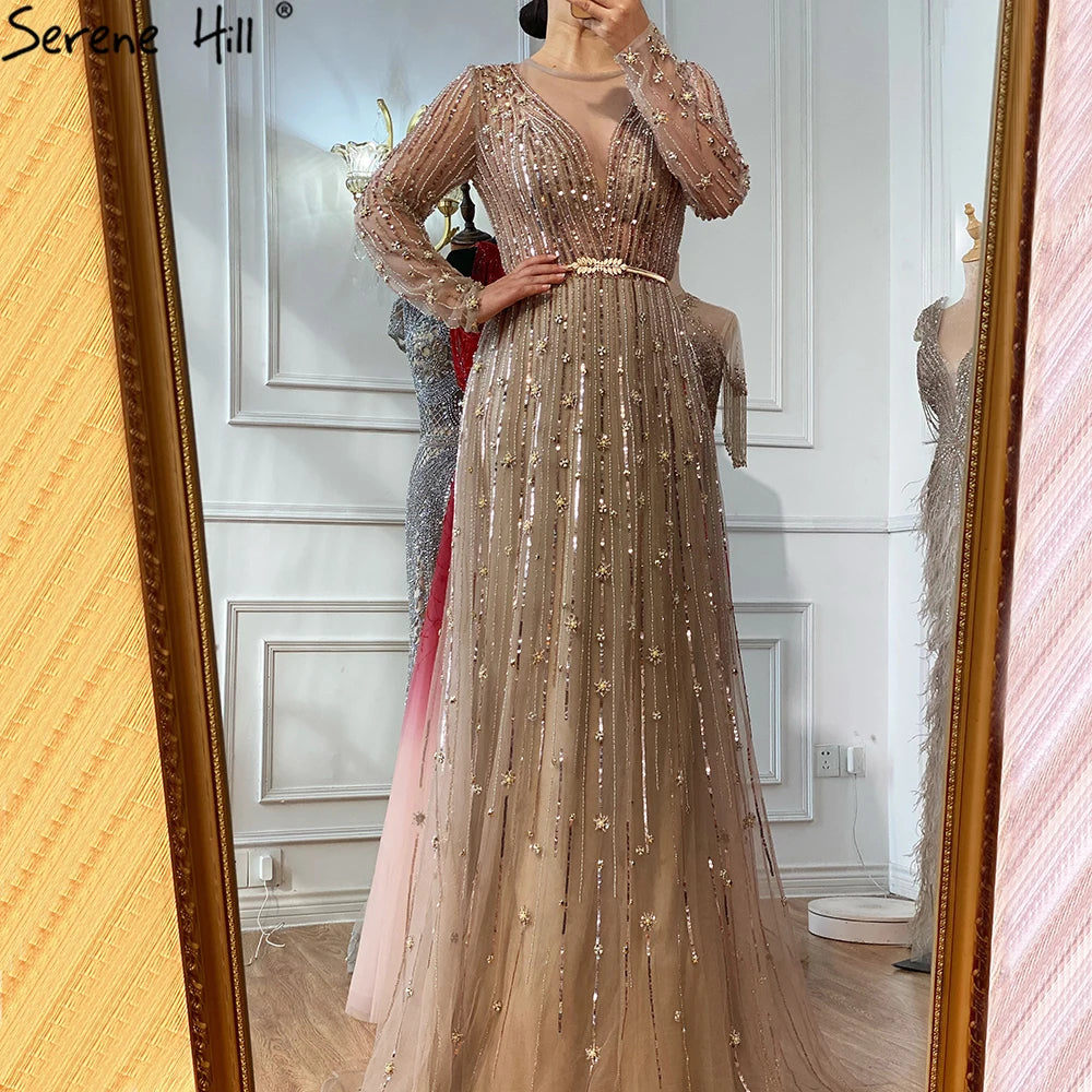 Serene Hill Muslim Gold A-Line Luxury Evening Dresses Gowns 2022 Sparkle Beaded Long Sleeves Sexy For Women Party GLA70674