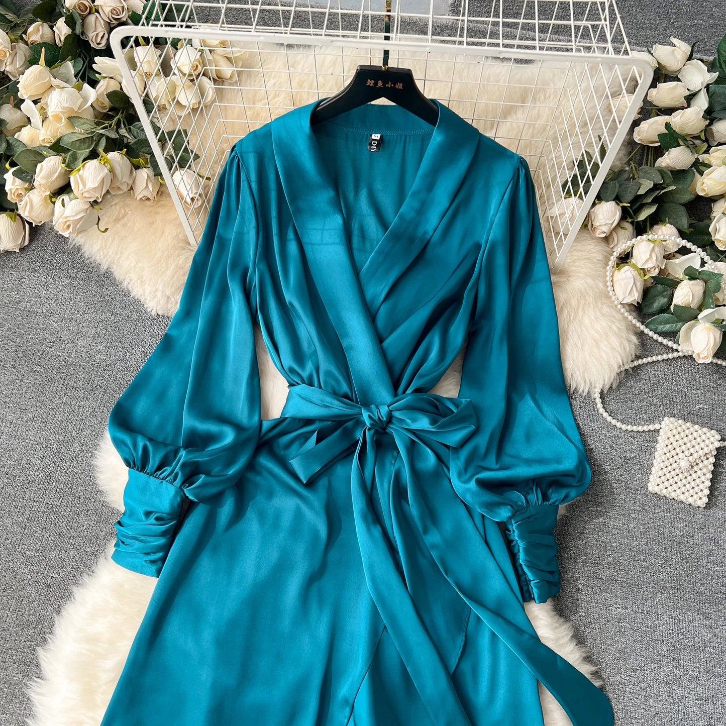 Women Elegant Satin Dress Summer Bandage High Waisted Ruffled Irregular Blazer Dresses Ladies A-line Vintage Party Long Robe