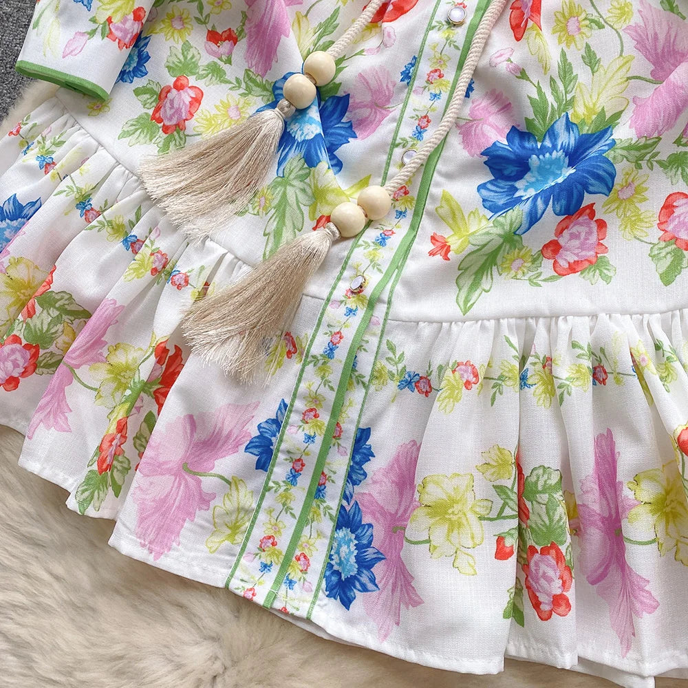 Clothes For Women Dresses 2024 Spring Ruffle Hem Vintage Floral Print Dress Stand Neck Long Sleeve Holiday Mini Dress With Belt