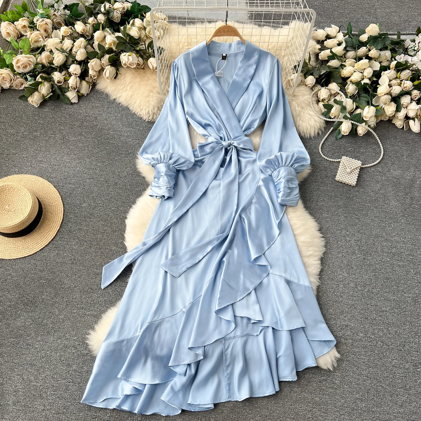 Women Elegant Satin Dress Summer Bandage High Waisted Ruffled Irregular Blazer Dresses Ladies A-line Vintage Party Long Robe