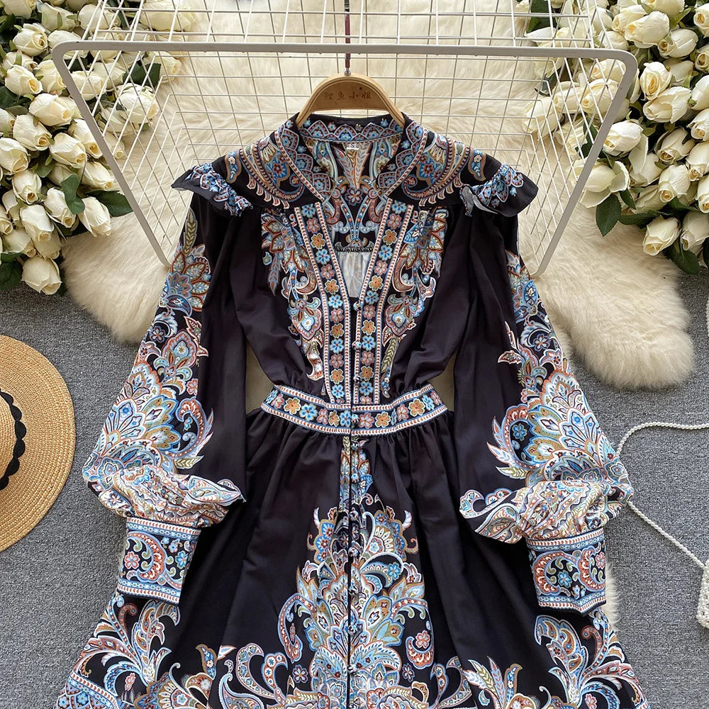 Elegant Dresses For Women 2024 V Neck Vintage Paisley Print Mini Holiday Dress Spring Ruffle Trim Long Sleeve Bohemian Dress