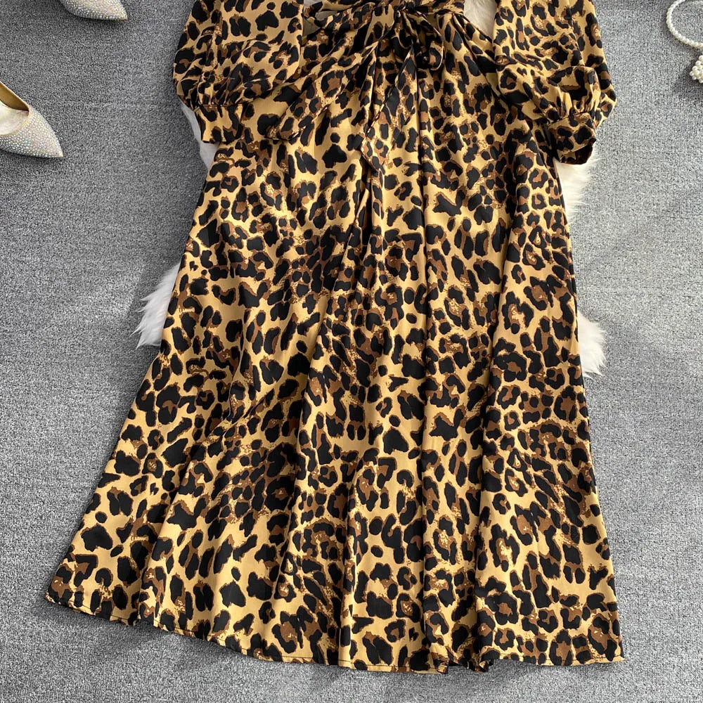 Vintage Women Casual Print Long Party Dress Elegant and Chic A-Line Leopard Prom Birthday Clothes Female Fashion Robe Autumn New