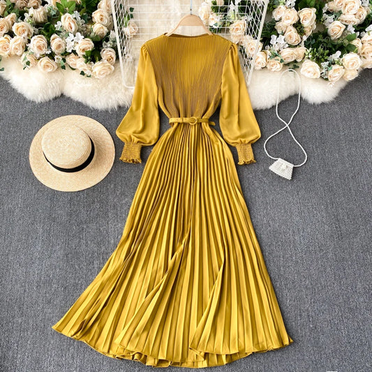 Chic Pleated Elegant Puff Sleeve Dress A-line Chiffon High Waist Belt Beach Vacation Party Dress Women Summer Spring Vestidos