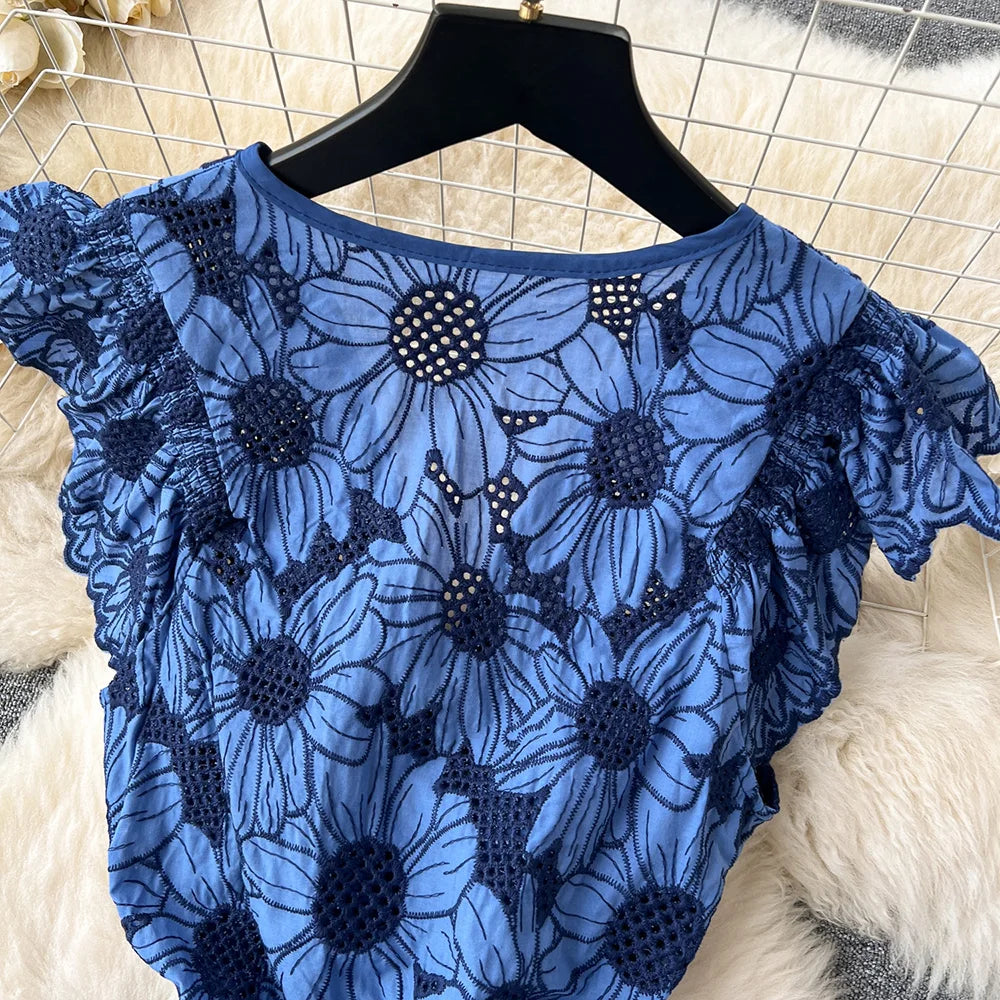 Short Dresses 2023 Women Ruffle Hem Vintage Daisy Embroidery Dress V Neck Drawstring Tie Ruffled Sleeve Vacation Summer Dress