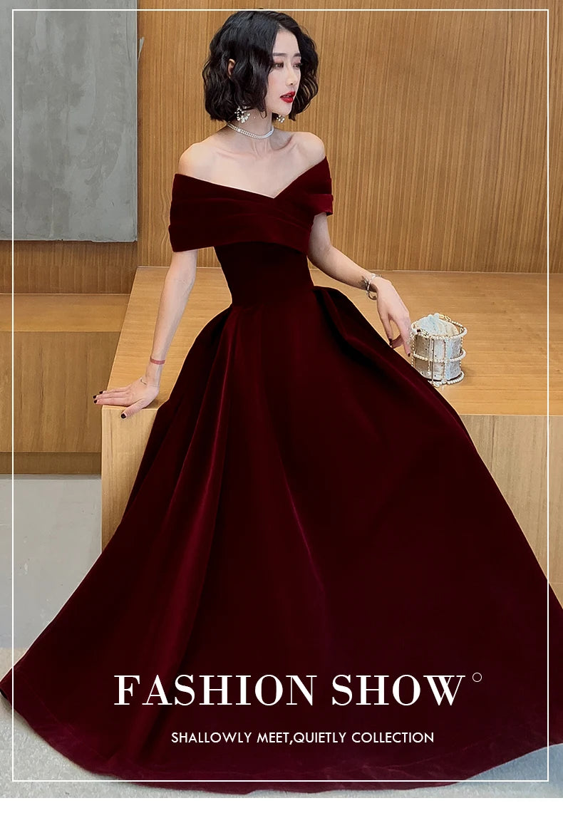 Lautaro Spring Long Luxury Elegant Wine Red Soft Velvet Evening Party Wedding Dresses for Women 2022 Off Shoulder Maxi Dress