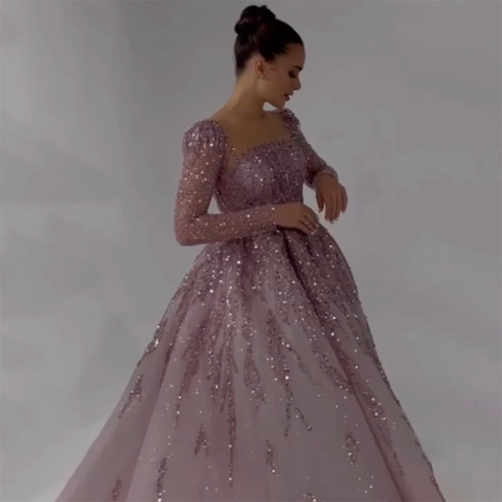 Serene Hill Muslim Pink A Line Beaded Luxury Dubai Long Evening Dresses Gowns 2024  For Woman Wedding Party LA71915