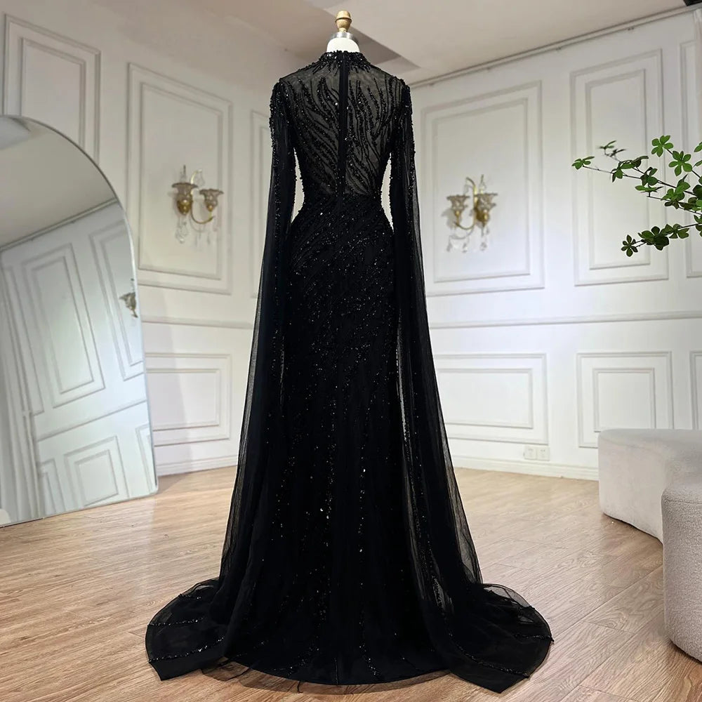 Serene Hill 2024 Nude Cape Sleeves Mermaid Lace Beaded Luxury Dubai Long Evening Dresses Gowns For Formal Occasion LA71885A