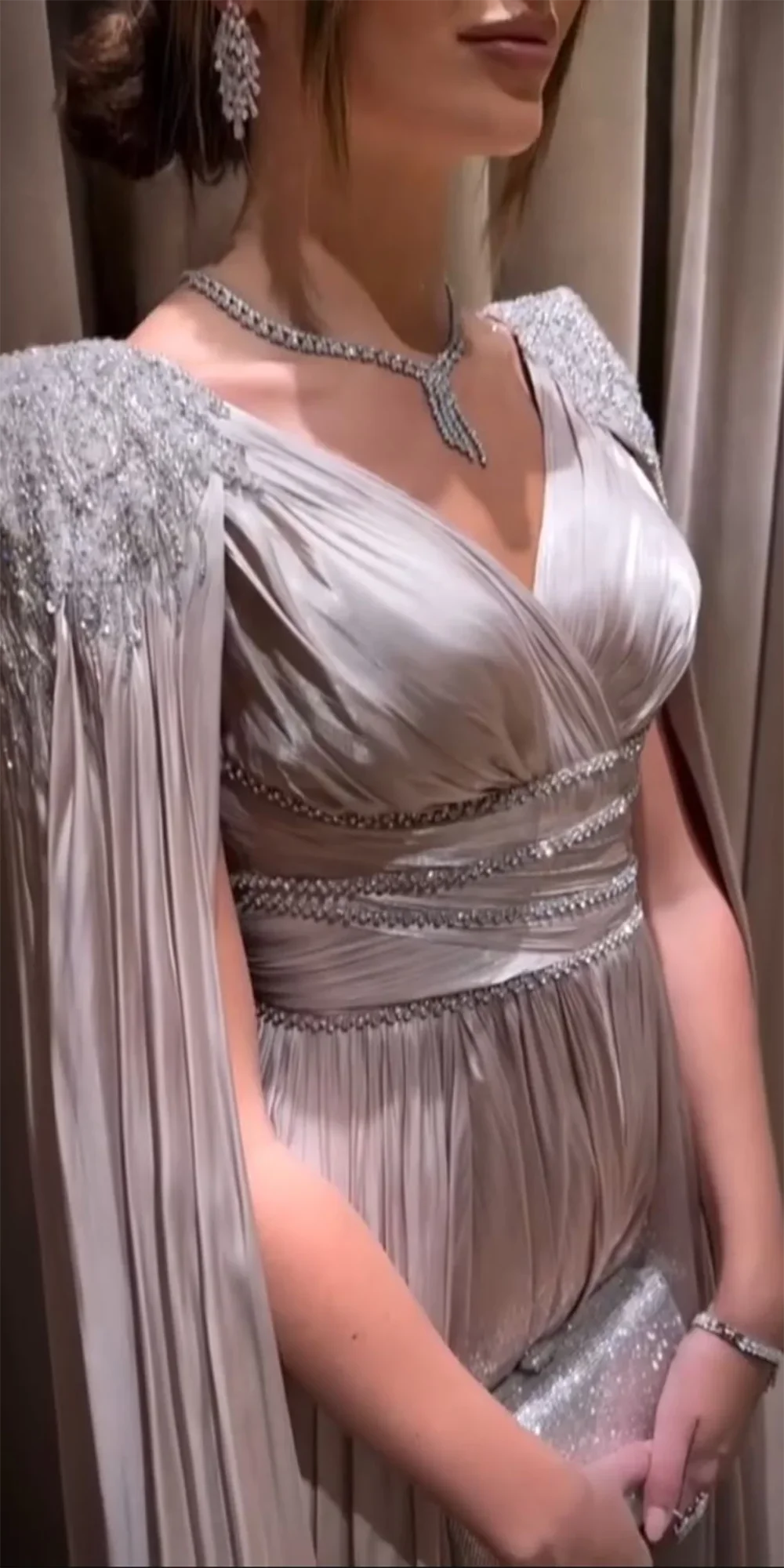 Serene Hill 2024 Nude Beaded Satin A-Line Saudi Arabic Evening Dress Gown with Cape Sleeves for Formal Occasion GLA72663