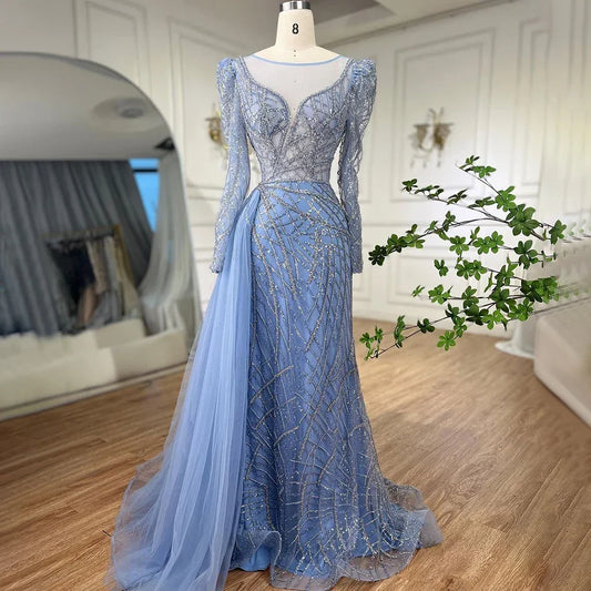 Serene Hill Muslim Gold Mermaid Beaded Luxury Dubai Evening Dresses Gowns With Overskirt 2024 For Women Party LA72206