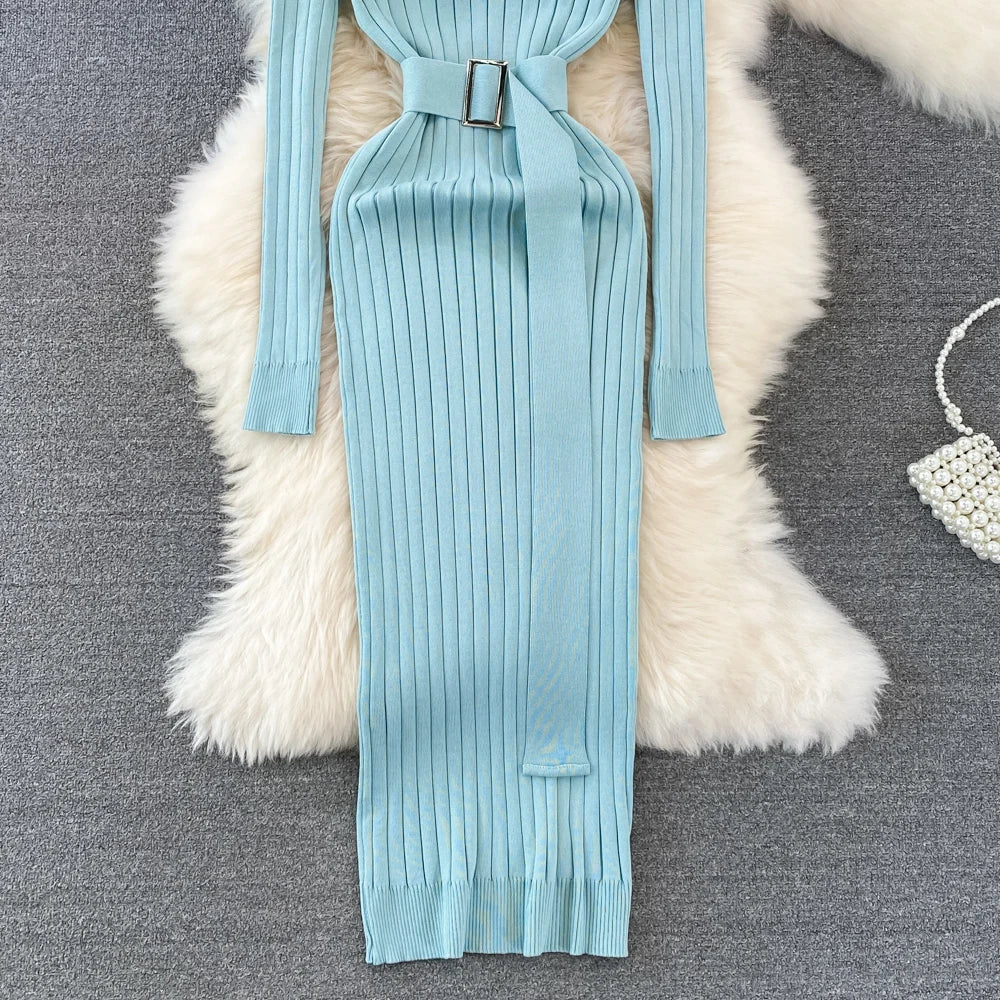 Chic Elegant Turtleneck Long Sleeve Bodycon Dress with Belt Sexy Fashion Knit Vestido Slim Autumn Winter Pencil Sweater Robe