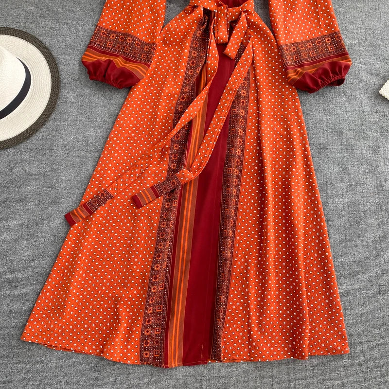 Vintage Print Elegant Puff Sleeve One Piece Dress A-line Lace-up Beach Vacation Midi Dress Women Fashion Spring Autumn Vestidos