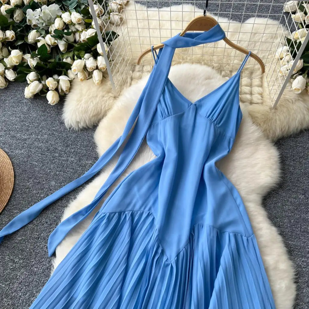 Summer Elegant Casual Women Solid Dress Halter A-Line Beach Holiday Party Long Robe Female Spaghetti Strap Boho Clothes Vestidos