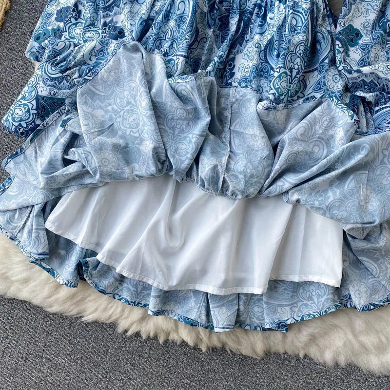 Spring Summer Women Dresses Elegant Vintage Print Holiday Bohemian Beach Dress Stand Collar Long Sleeve Ruffle Tiered Mini Dress