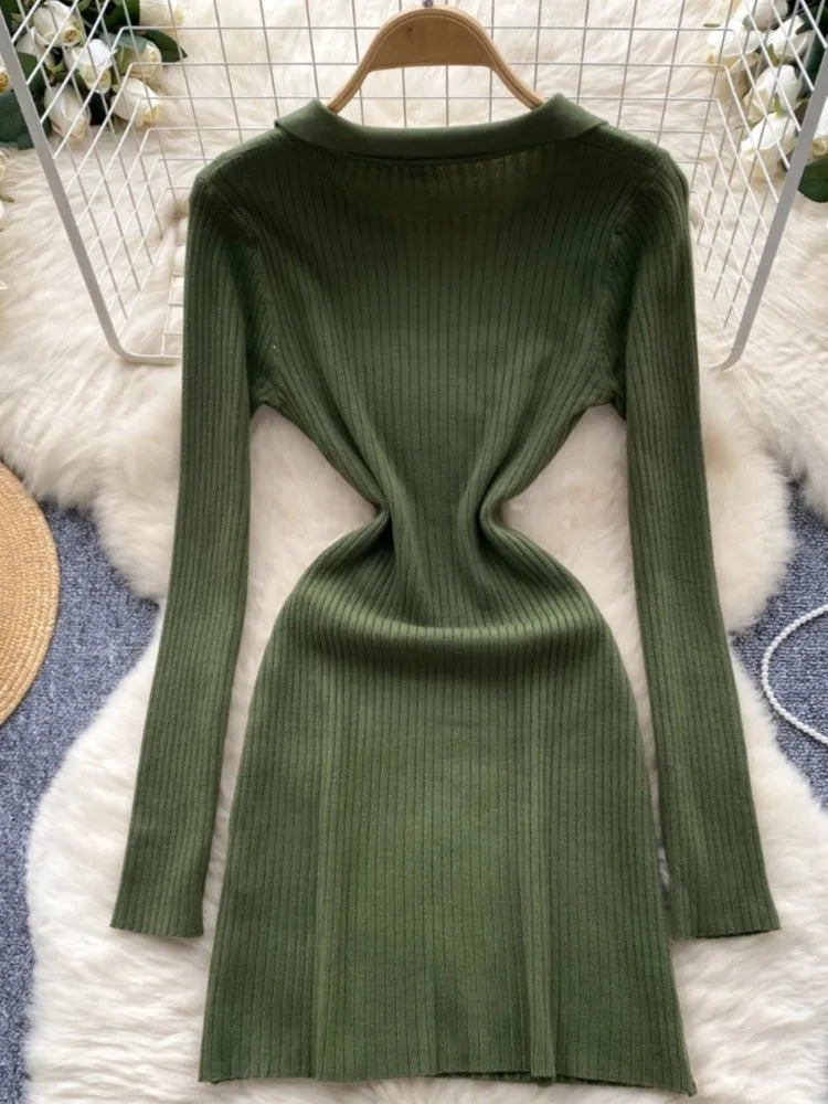 Y2k French Vintage Knitted Dress for Women Autumn Bodycon V-neck Long Sleeved Solid Simplicity Fashion Causal A-line Dresses