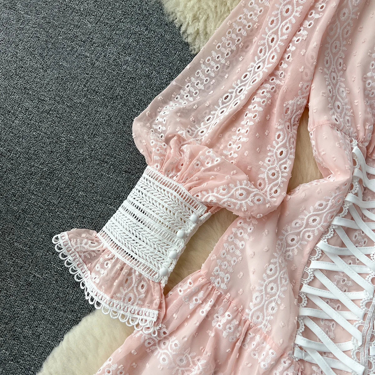 Dresses For Women 2023 Luxury Fashion Waist Lace Up Embroidery Dress Spring Long Sleeve Elegant Wedding Guest Party Mini Dress