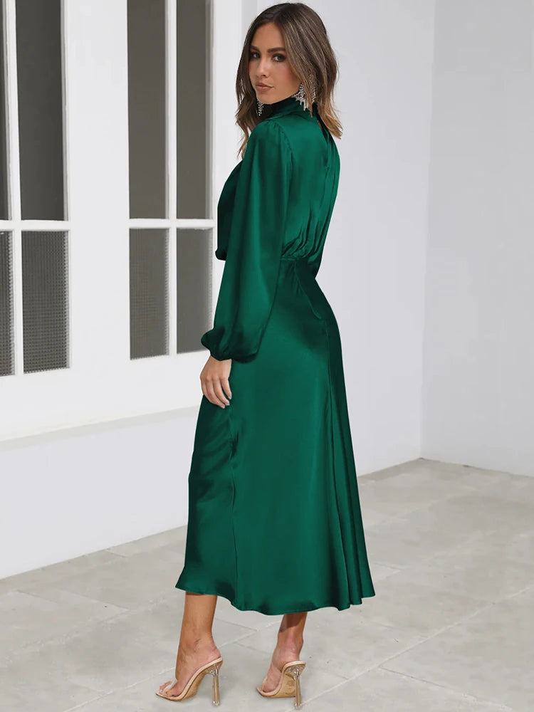 Spring Summer New High-End Satin Long Sleeved Dress Women's Ladylike Elegant Evening Dress Party Clothes Celebrity Dresses