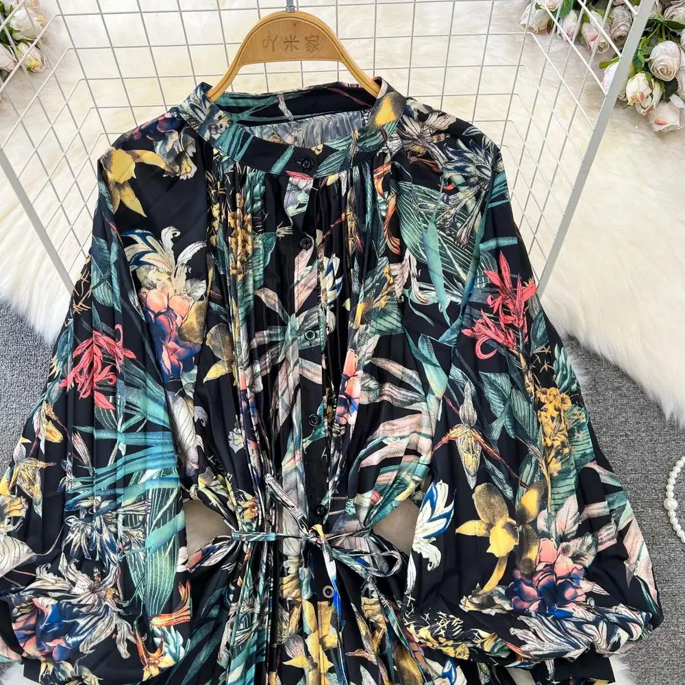 Elegant Women Casual Floral Print Party Dress Vintage Lantern Sleeve A-Line Pleated Prom Birthday Clothes Female Fashion Robe