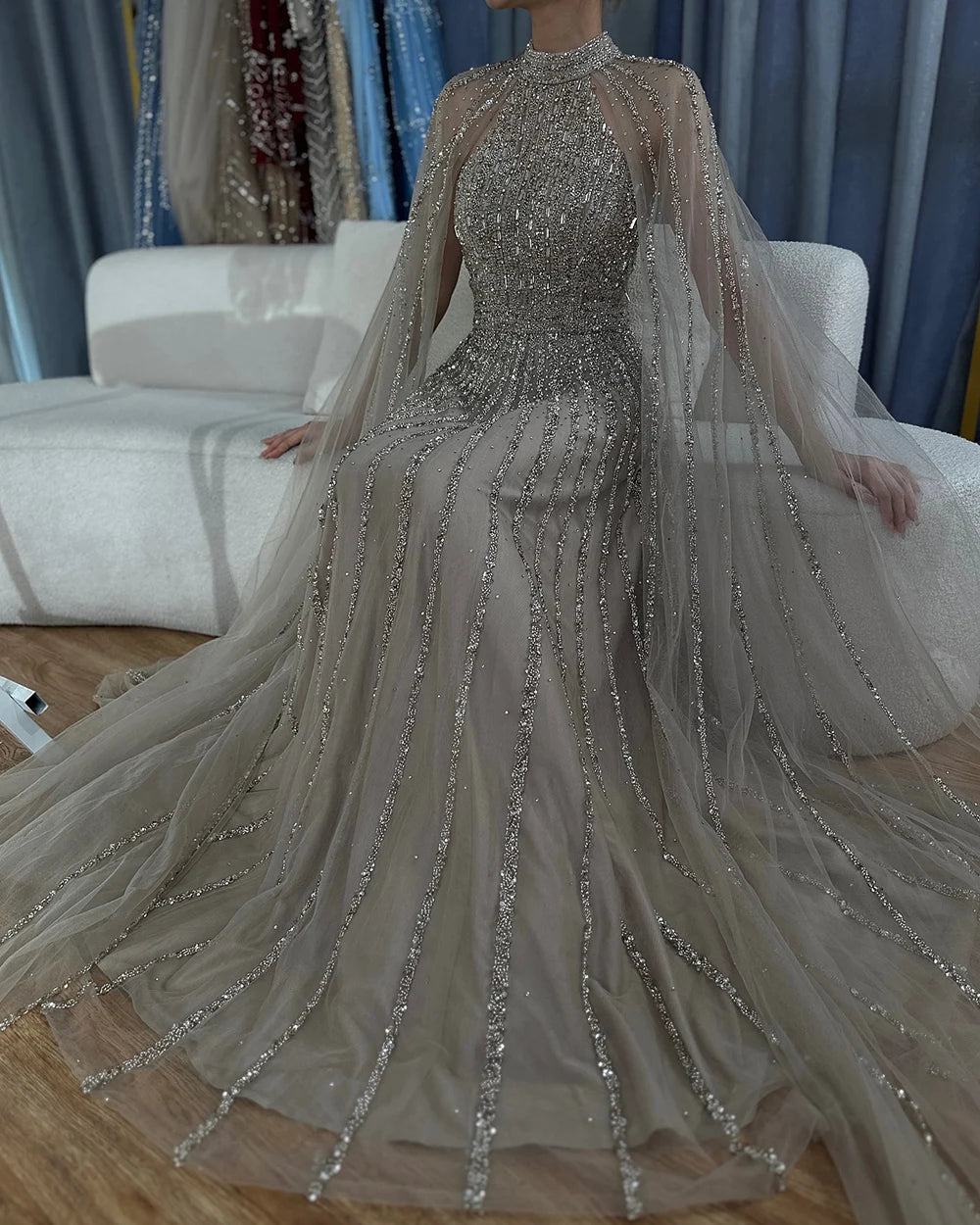 Serene Hill 2024 Arabic Caramel A Line Cape Sleeve Beaded Luxury Saudi Evening Dresses Gowns For Formal Occasion LA72306B