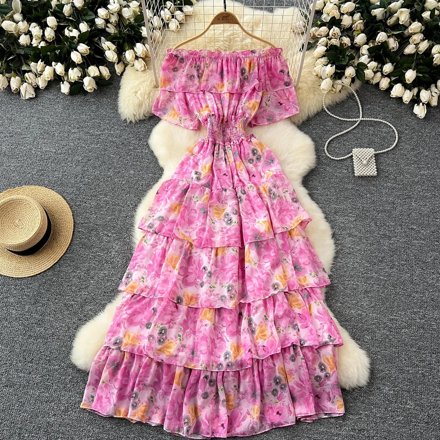 French Vintage  off shoulder short sleeve ruffle Dress Chic Casual Beach Vacation Women Summer chiffon dresses