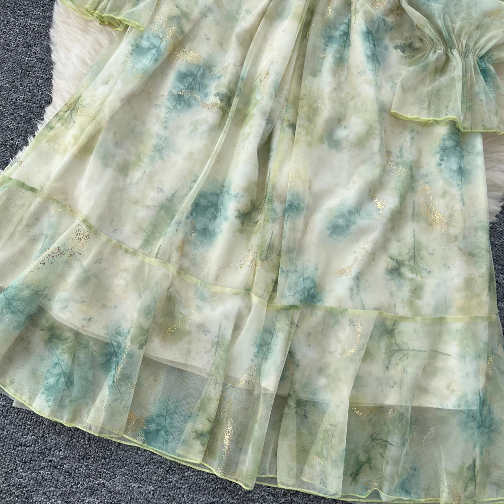 Elegant Bright Silk Print Party Dress for Women Casual Off Shoulder Spaghetti Strap Flare Sleeve Slim Waist Vestidos A-Line Robe