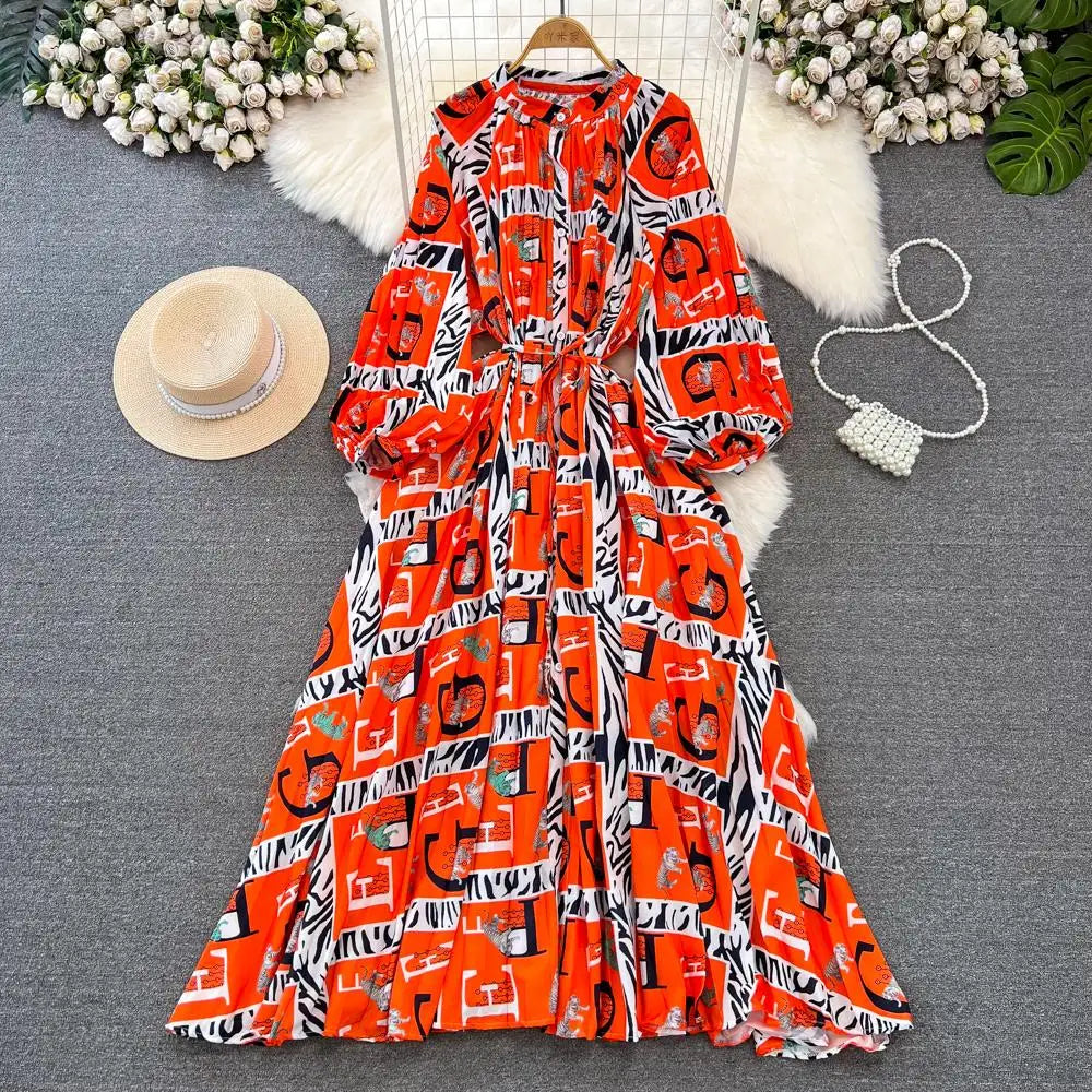 Elegant Women Casual Floral Print Party Dress Vintage Lantern Sleeve A-Line Pleated Prom Birthday Clothes Female Fashion Robe