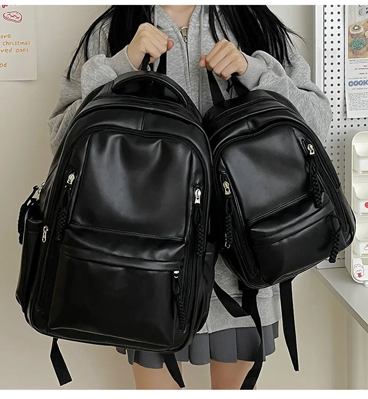 Korean Fashion College Student School Bags Women's New Trendy Casual Glossy Leather Backpacks Versatile Large Capacity Handbags