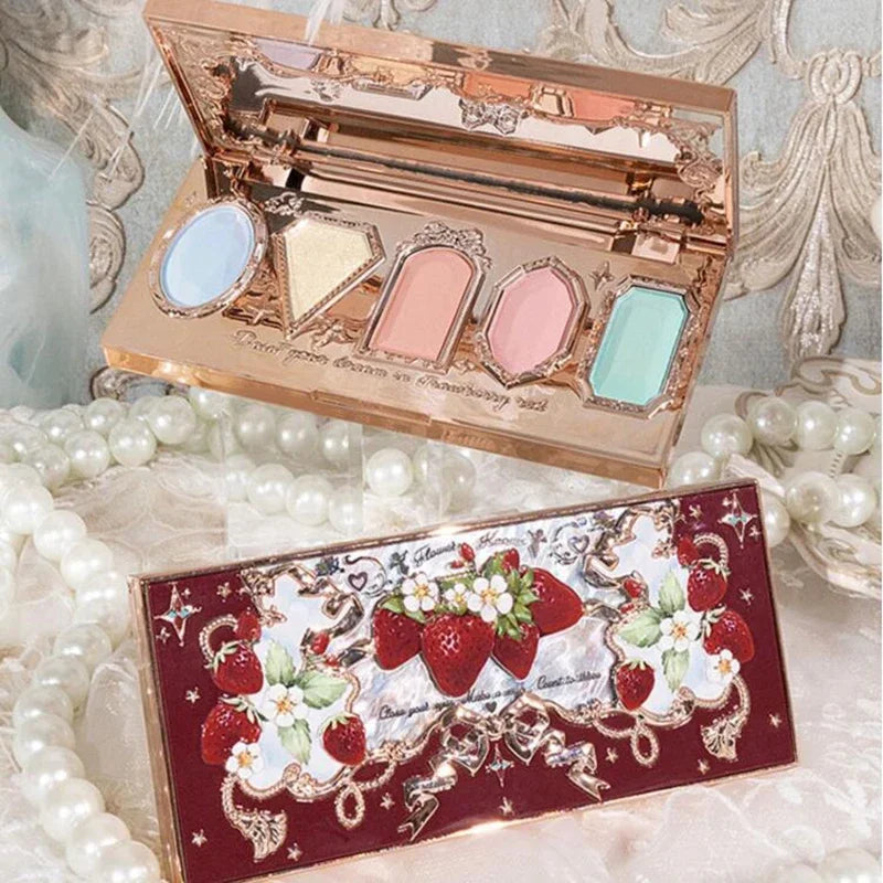 Flower Knows Strawberry Rococo Pressed Glitter Eyeshadow 5 Color Palette with Creamy Texture for Natural Makeup Eye Shadows