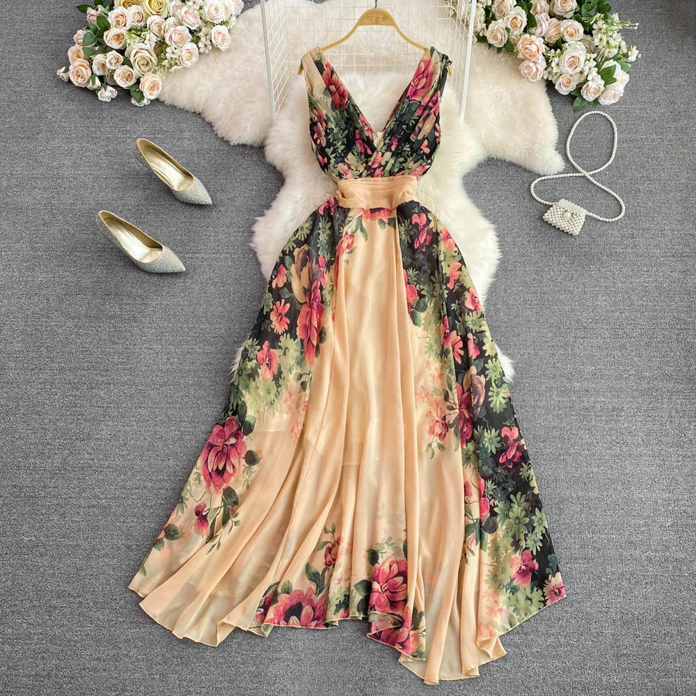 Elegant Evening Party Dress Women Sexy V-neck Floral Printed A-line Long Dresses Ladies Sleeveless Slim A-line Chiffon Long Robe