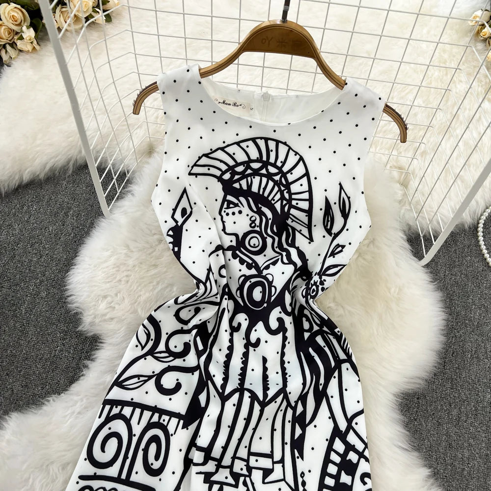 Short Dresses 2023 Fashion Women Clothing Elegant Vintage Print Party Dress Summer Sleeveless Round Neck A Line Mini Dress