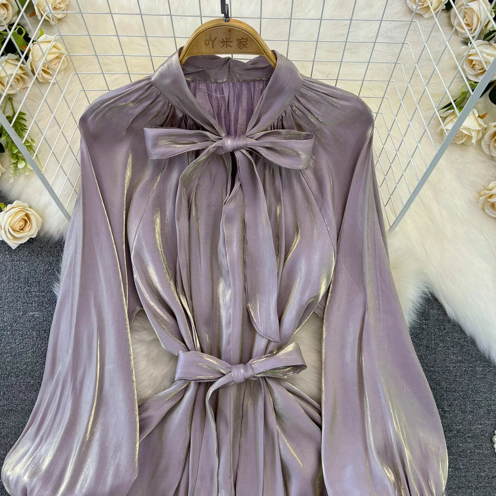 Autumn Elegant Women Fashion Party Long Dress Bow Lace Up Long Sleeve Evening Dresses A-Line Casual Vestidos One Piece Prom Robe