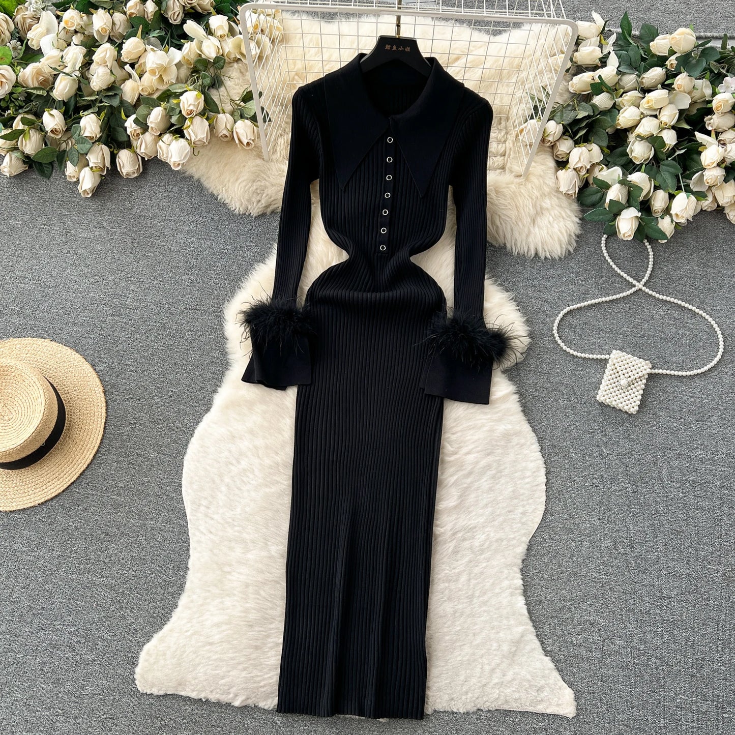 Elegant Turn-down Collar Feather Long Sleeve Knit Bodycon Pencil Dress Slim Fashion Sweater Vestido Sexy Women Winter Clothing