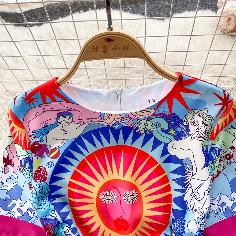 Fashion Vintage Print Summer Dresses For Women 2024 Round Neck Short Sleeve Mini Dress Elegant Party Dresses Womens Clothing