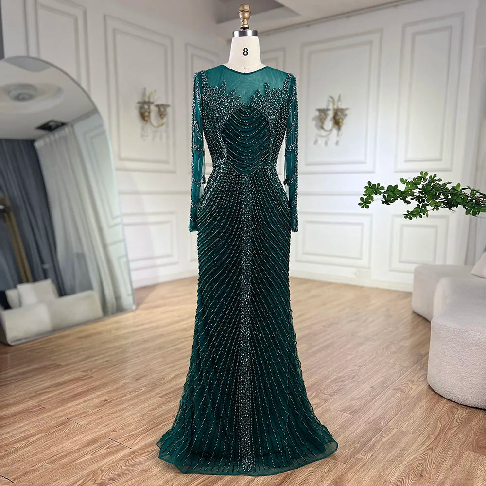 Serene Hill Luxury Crystal Pearls Dubai Sliver Nude Evening Dresses for Women Wedding Formal Prom Party Gown BLA72478