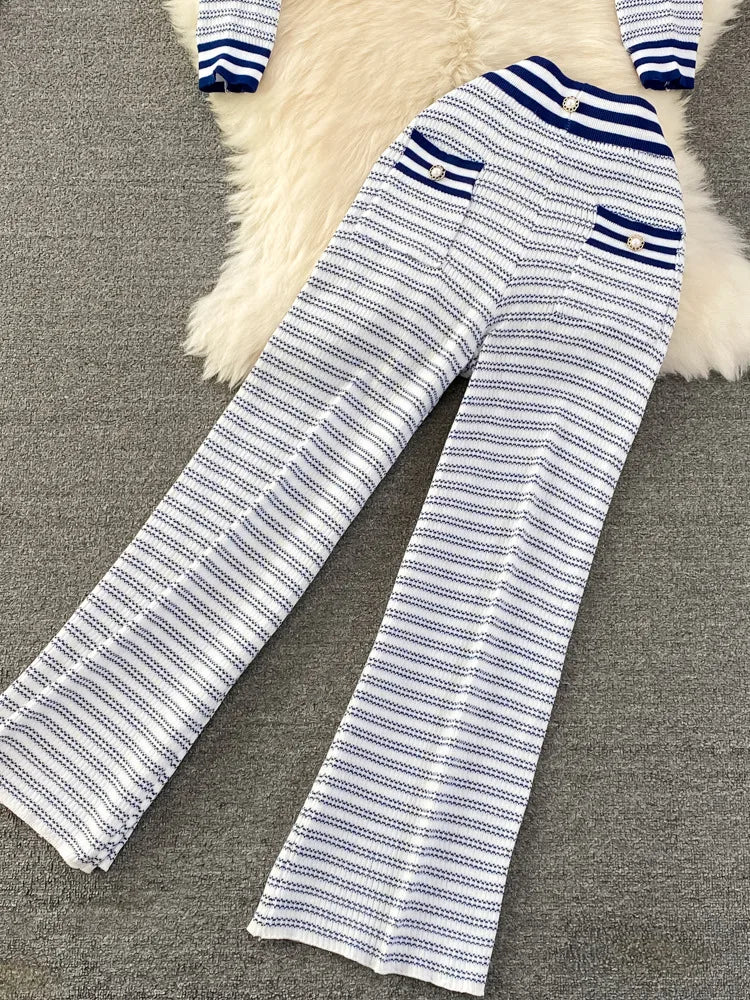 New Autumn Womens Fashion Striped Knitted Sets V-Neck Cardigan Sweater + Casual Stretch-knit Wide-leg Pants Suits Two Piece Sets