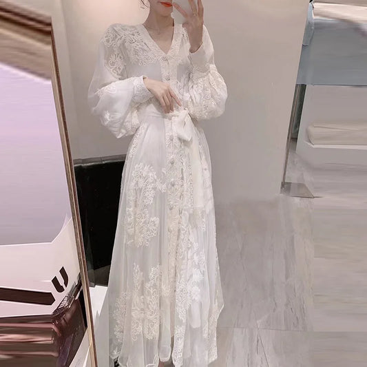 Women Spring and Autumn Heavy Industry Embroidered White V-neck Dress Elegant and Luxury Bubble Sleeve A-line Long Dresses