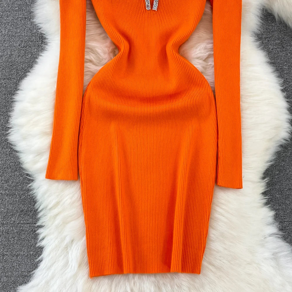 Chic Elegant Glitter V Neck Long Sleeve Elastic Bodycon Dress Sexy Fashion Knit Pencil Vestidos Slim Autumn Winter party robe