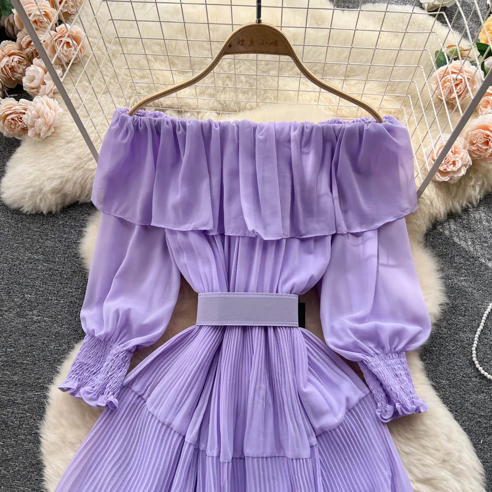 Vintage Pleated Slash Neck Off Shoulder High Waist  Dress Long Sleeve  Dress Chic Summer Beach Vestidos Women Vacation Sundress