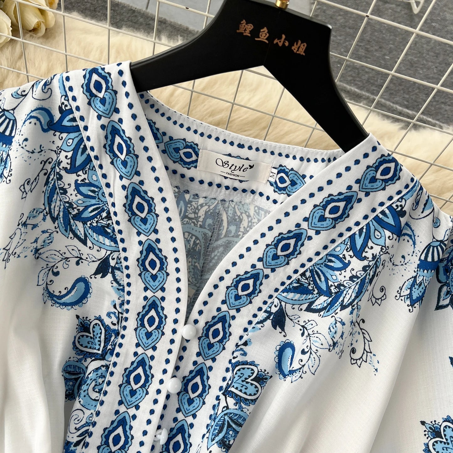 Vintage Print Elegant V-eck Single Breasted Lantern Long Sleeve Dress A-line Casual Women Fashion Summer Spring Vestidos