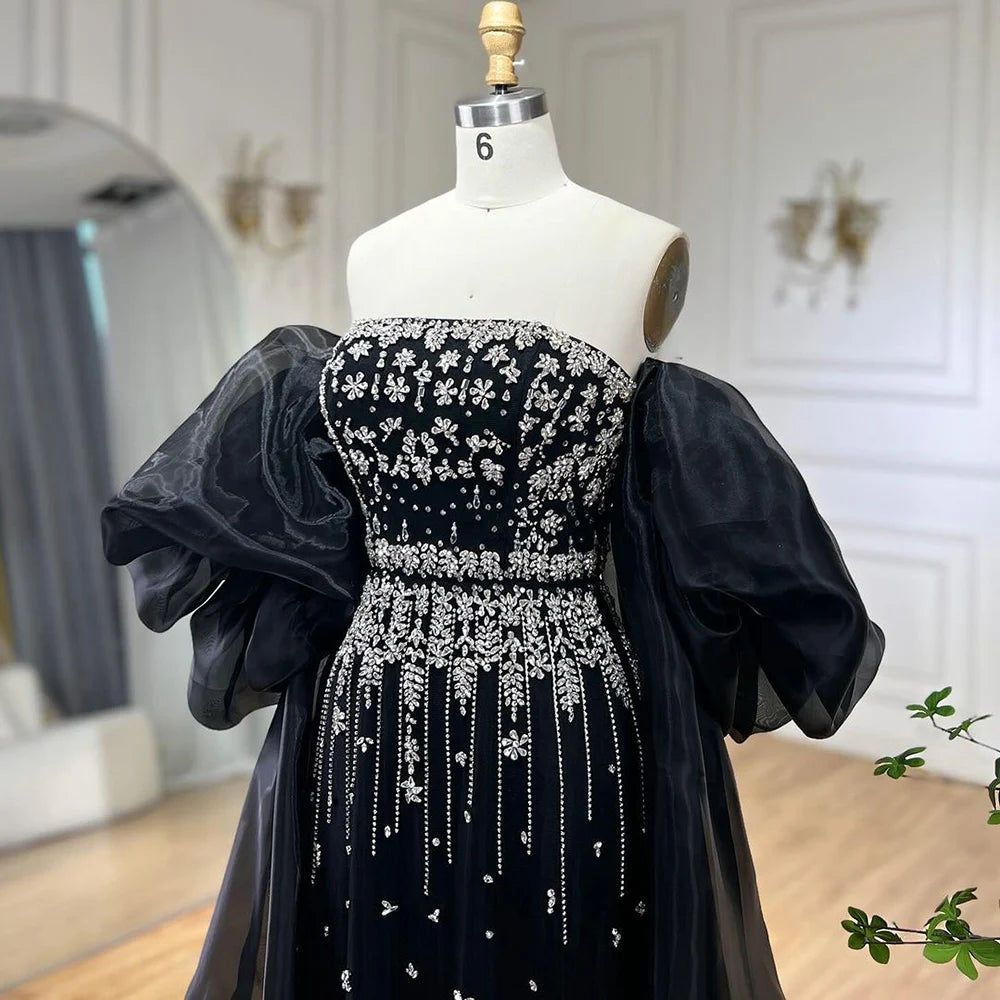 Serene Hill Black Sexy Off the Shoulder Puff Sleeves Evening Dresses Beaded Overskirt Mermaid Party Gown For Women 2023 BLA72002