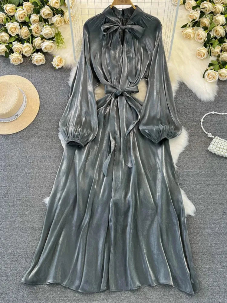 Autumn Elegant Women Fashion Party Long Dress Bow Lace Up Long Sleeve Evening Dresses A-Line Casual Vestidos One Piece Prom Robe