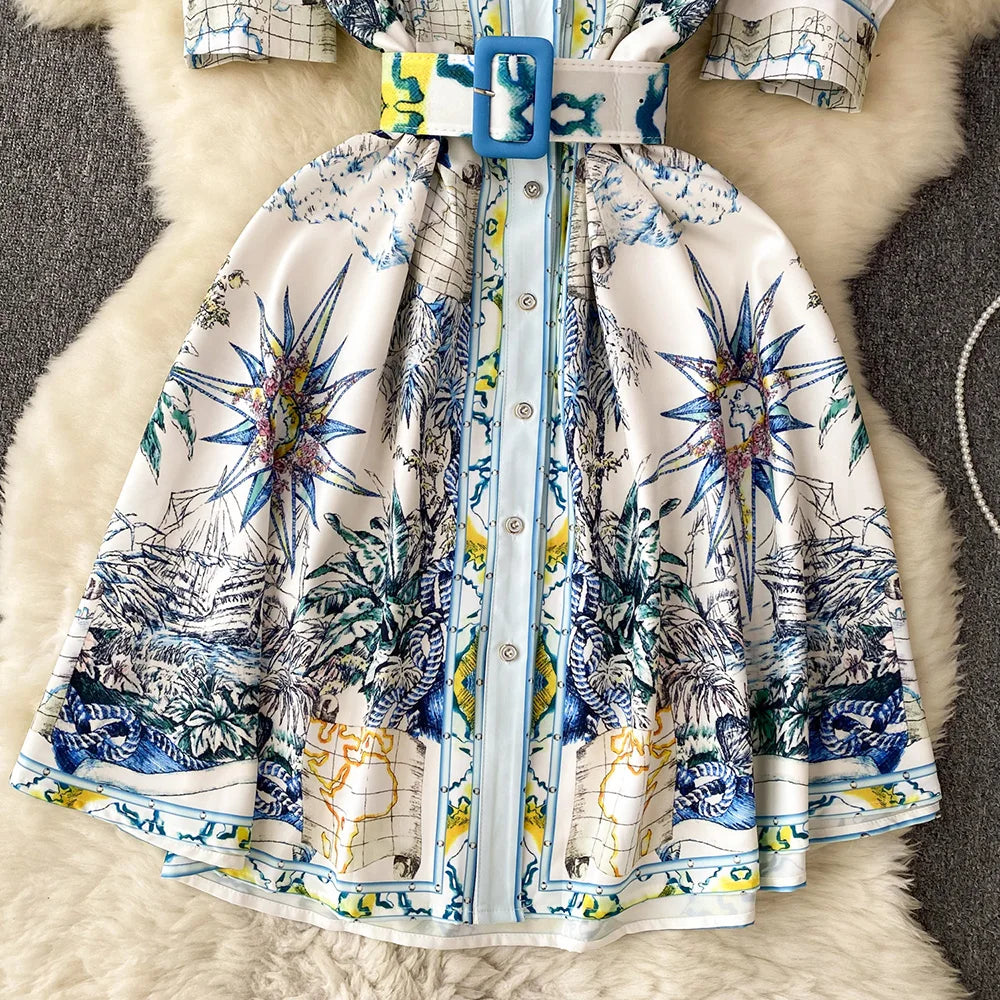 Women Dresses 2023 Short Puff Sleeve Fashion Vintage Print Dress Notched Lapel Front Button Up Elegant Shirt Dress With Belt