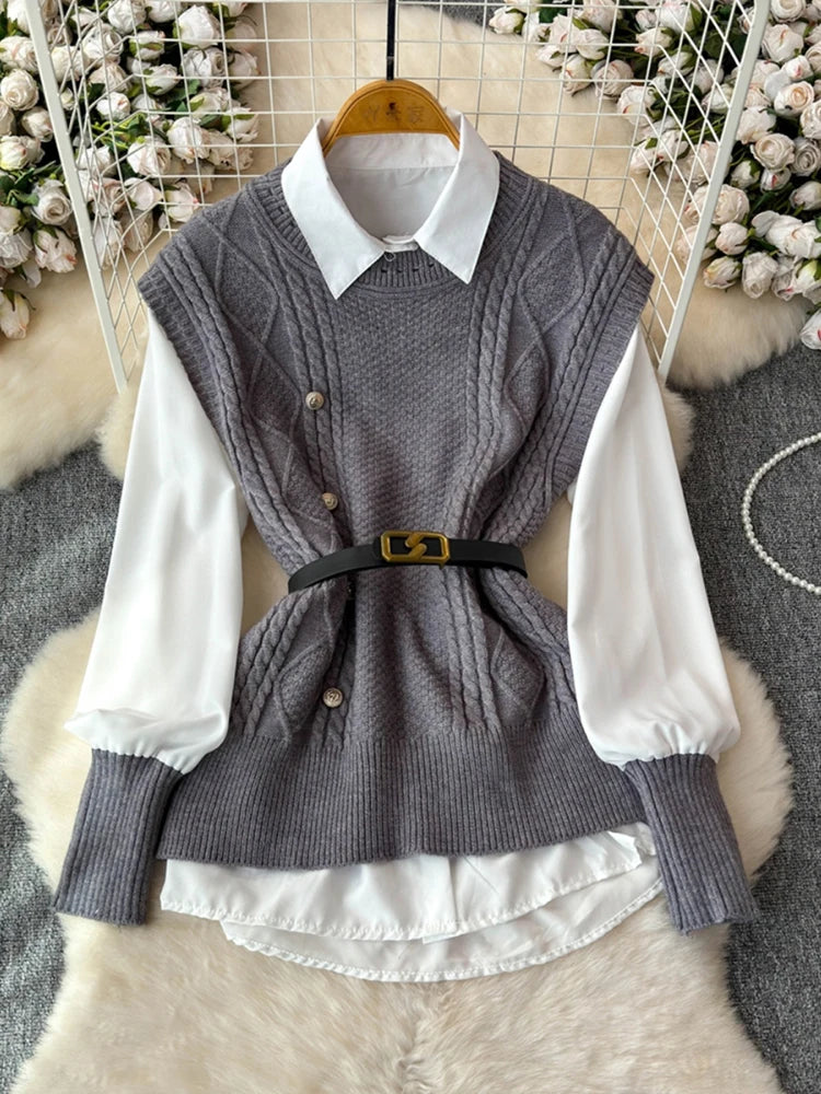 XFPV Women's Sweet Long Sleeve Shirt Top Sweater Knitted Vest Shirt Two Piece Set Y2k Korean Fashion Tide Autumn 2024 SM11613