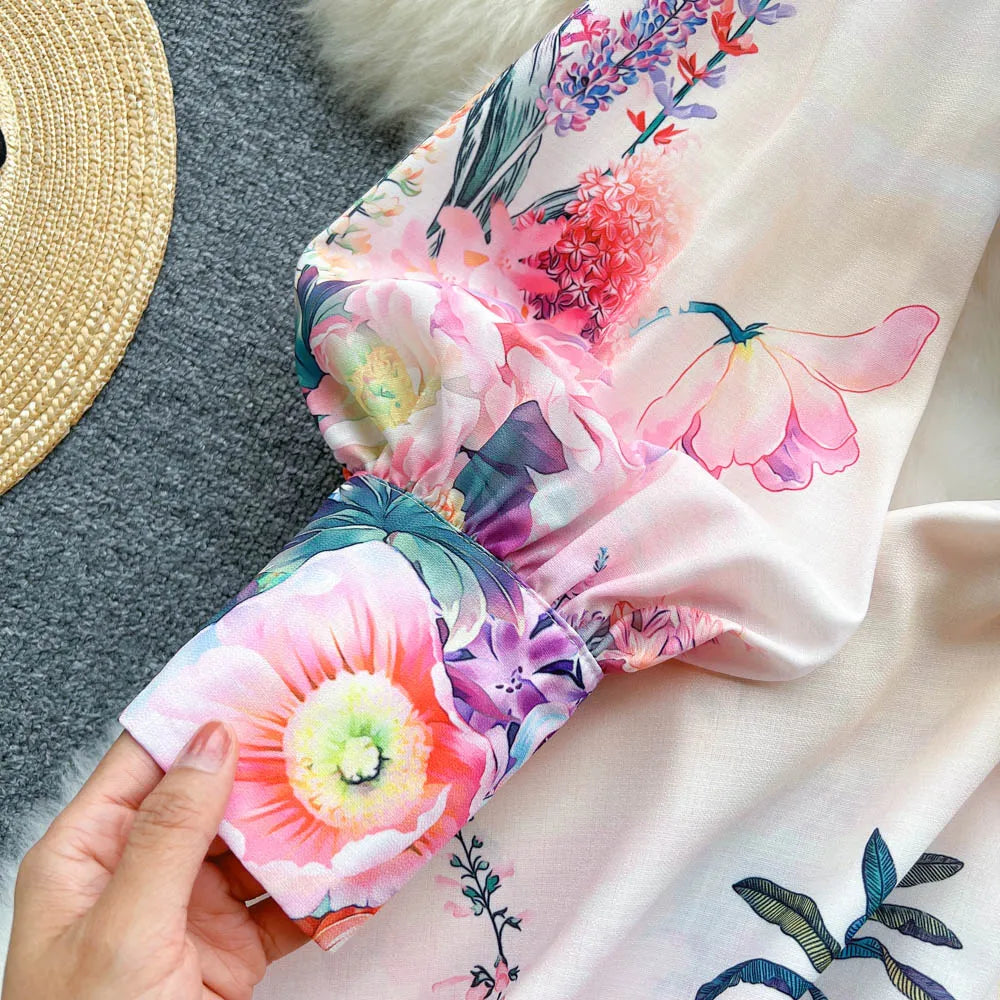 Chic Print Ruffle Elegant Puff Sleeve Dress A-line Casual Belt Beach Vacation Mini Dress Women Fashion Summer Spring Vestidos