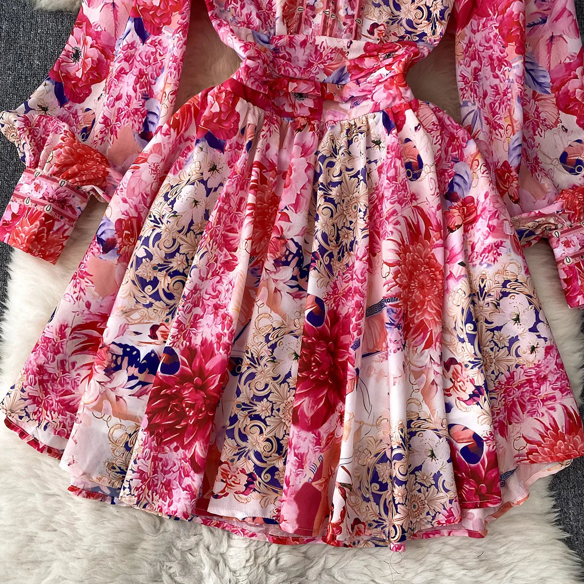 Short Dresses 2023 Fashion Women Clothing Party Elegant Vintage Floral Print Dress Womens V Neck Long Sleeve Mini Vacation Dress
