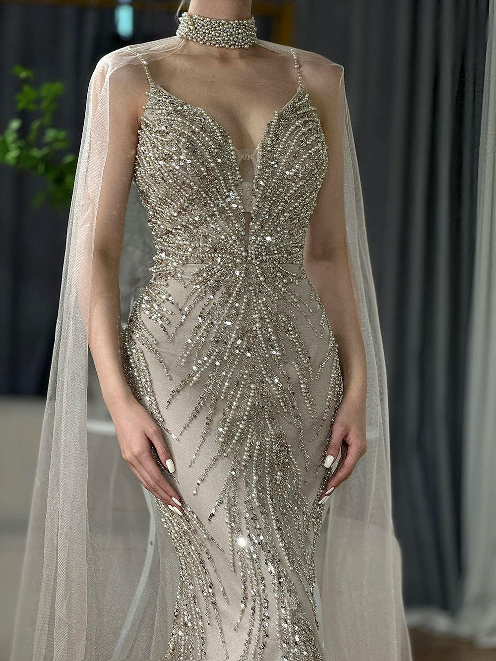 Serene Hill Spaghetti Strap Long Cloak Mermaid Caramel Beaded  Luxury Evening Dresses Gowns for Women's Party 2024 LA72768