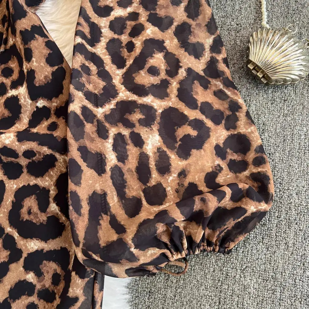 Autumn Elegant Women Leopard Print Long Sleeve Dress Casual Loose A-Line Slit Evening Dresses New Fashion Vintage Vestido Mujers