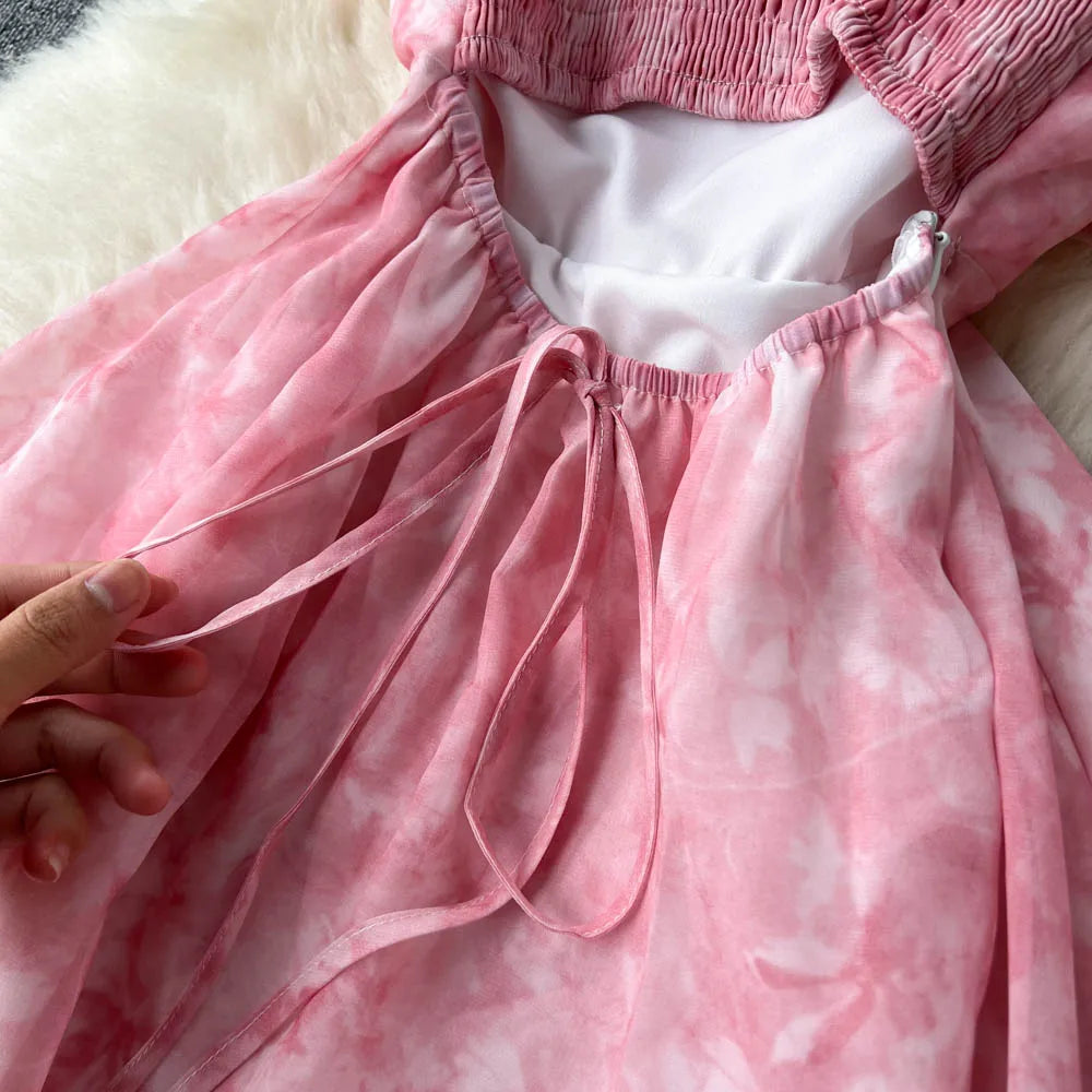 Women Pink Beach Dress Summer Sleeveless Hollow Out High Waist A-line Floral Printing Chiffon Dresses Ladies Casual Long Robe