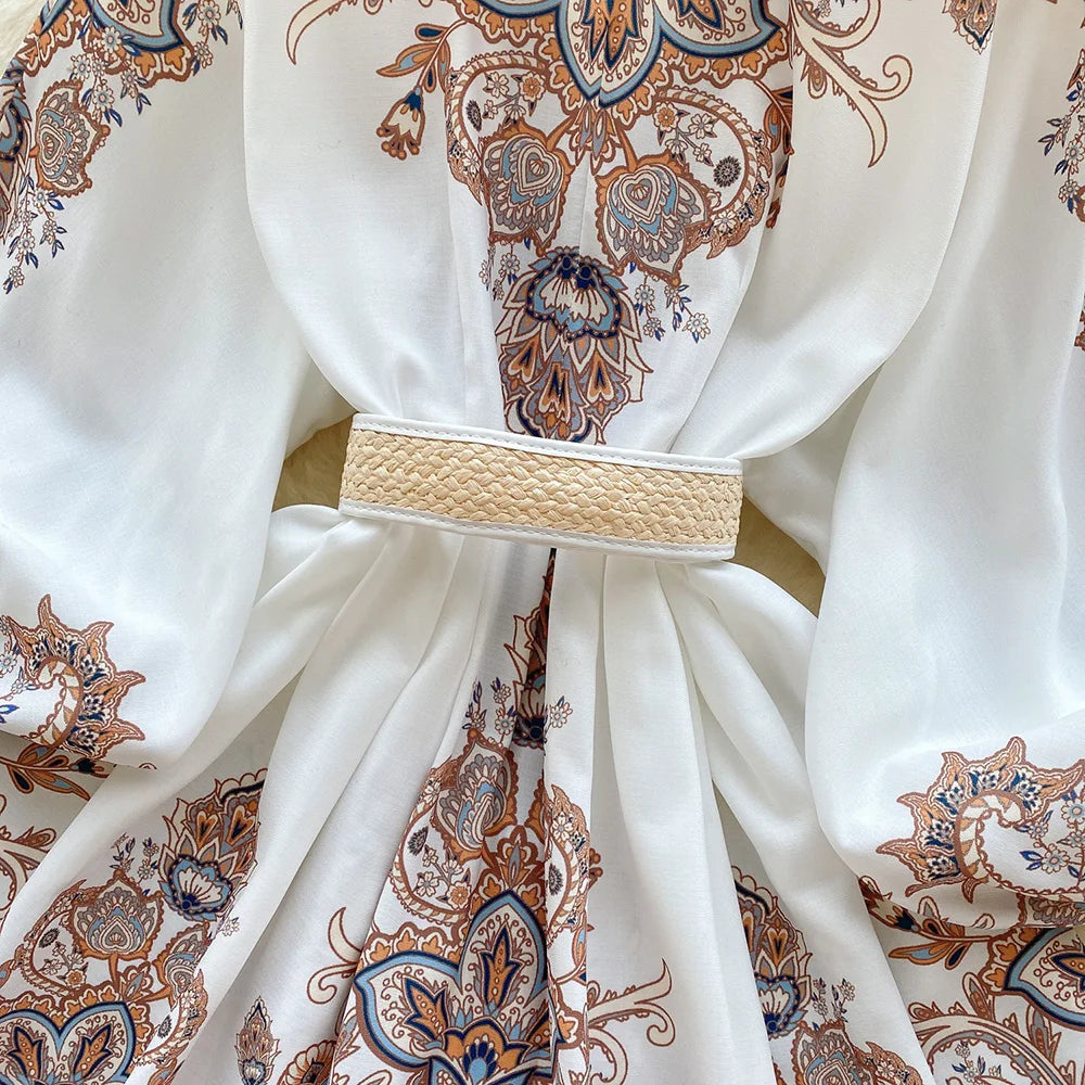 Holiday Dress For Women 2024 Bohemian Vintage Paisley Print Dress Spring 3/4 Sleeve V Neck Elegant Party Short Dresses With Belt