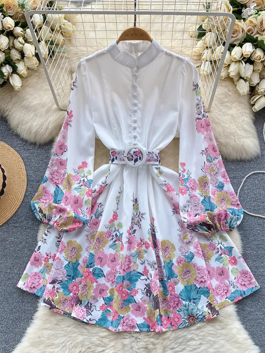 Spring Clothes For Women Vintage Floral Print Dress Stand Collar Long Sleeve Mini Dress With Belt Wedding Elegant Party Dresses