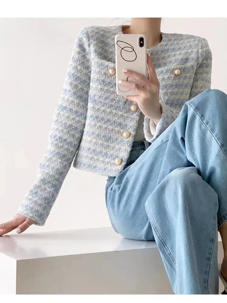 ITOOLIN Autumn Winter Women Elegant  Tweed Cardigan Short Coat With Pocket Single Breasted Jacket For Women Loose Outwear 2024